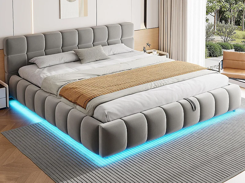 Lit coffre capitonné 180x200 cm - avec éclairage LED - Tissu velours - Gris (Matelas non inclus)