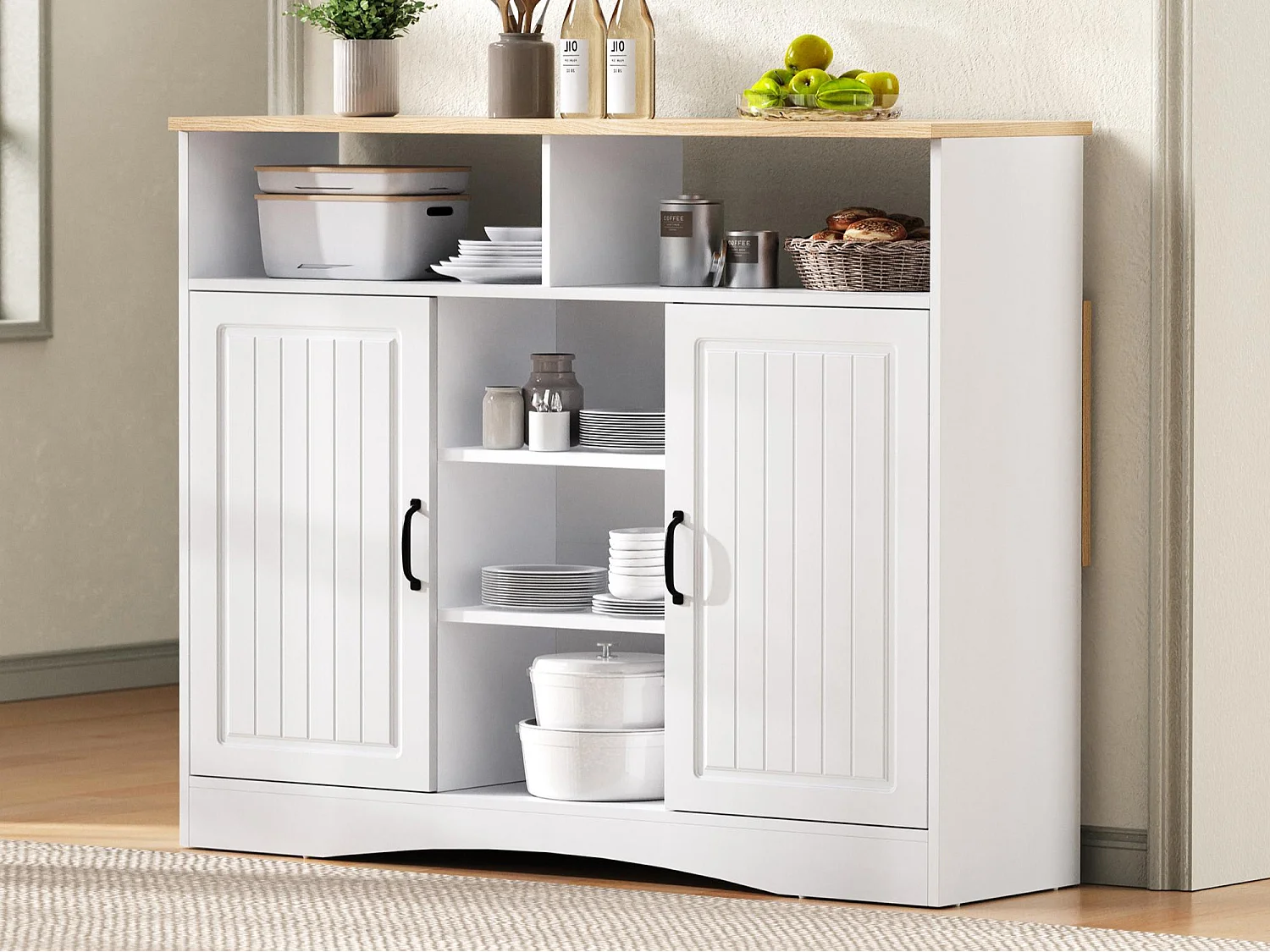 Mobile zentrale Kücheninsel 110x34x97.5cm - ausziehbares Tischblatt und versteckte Esstischstühle - multifunktionaler Stauraum - weiß