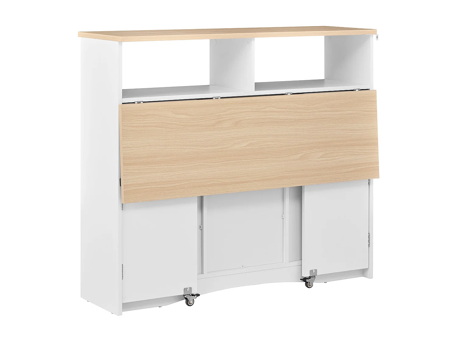 Mobile zentrale Kücheninsel 110x34x97.5cm - ausziehbares Tischblatt und versteckte Esstischstühle - multifunktionaler Stauraum - weiß