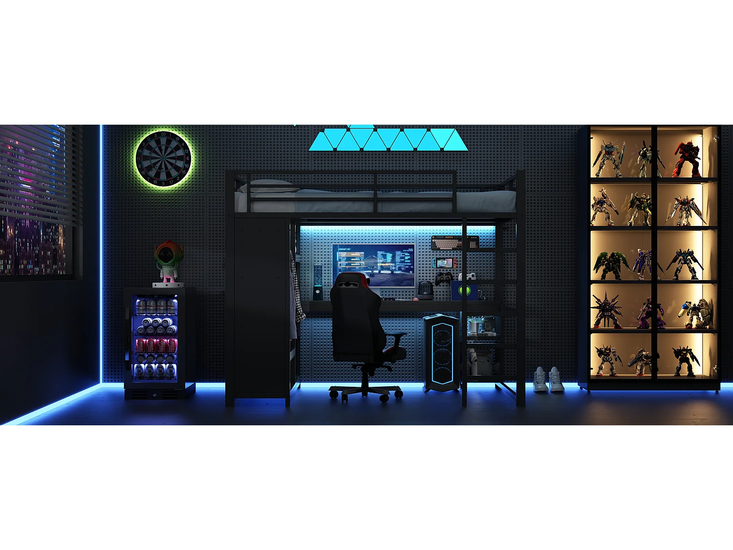 Lit mezzanine en métal pour enfant - 160 x 200 cm - avec Leds + bureau + armoire + rangements - métal - noir