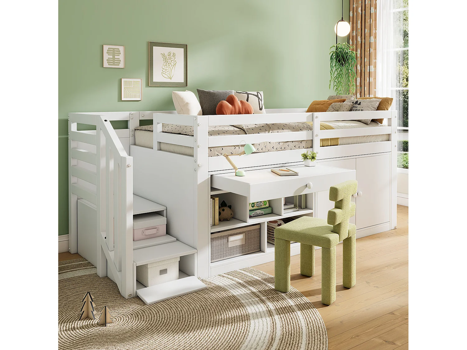 Letto per bambini a mezza altezza 90x200cm con scaletta e contenitore - Cassetto come scrivania - Bianco