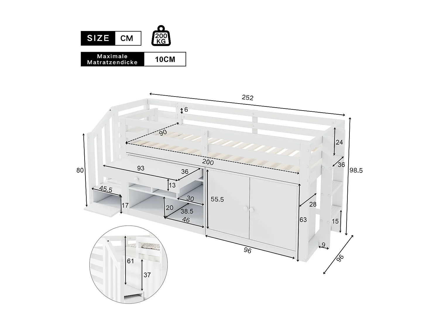 Letto per bambini a mezza altezza 90x200cm con scaletta e contenitore - Cassetto come scrivania - Bianco