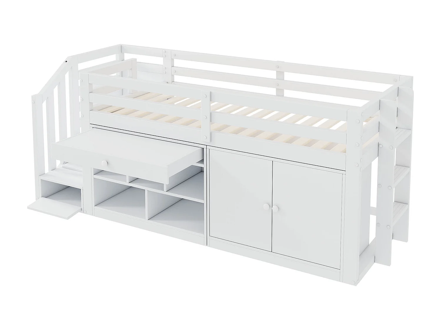 Letto per bambini a mezza altezza 90x200cm con scaletta e contenitore - Cassetto come scrivania - Bianco
