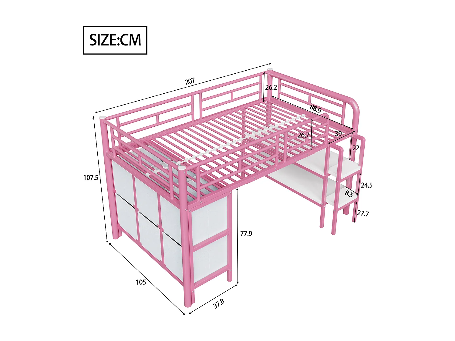 Lit enfant 90x200cm - avec escalier - avec étagères - avec compartiments de rangement - rose (matelas non inclus)