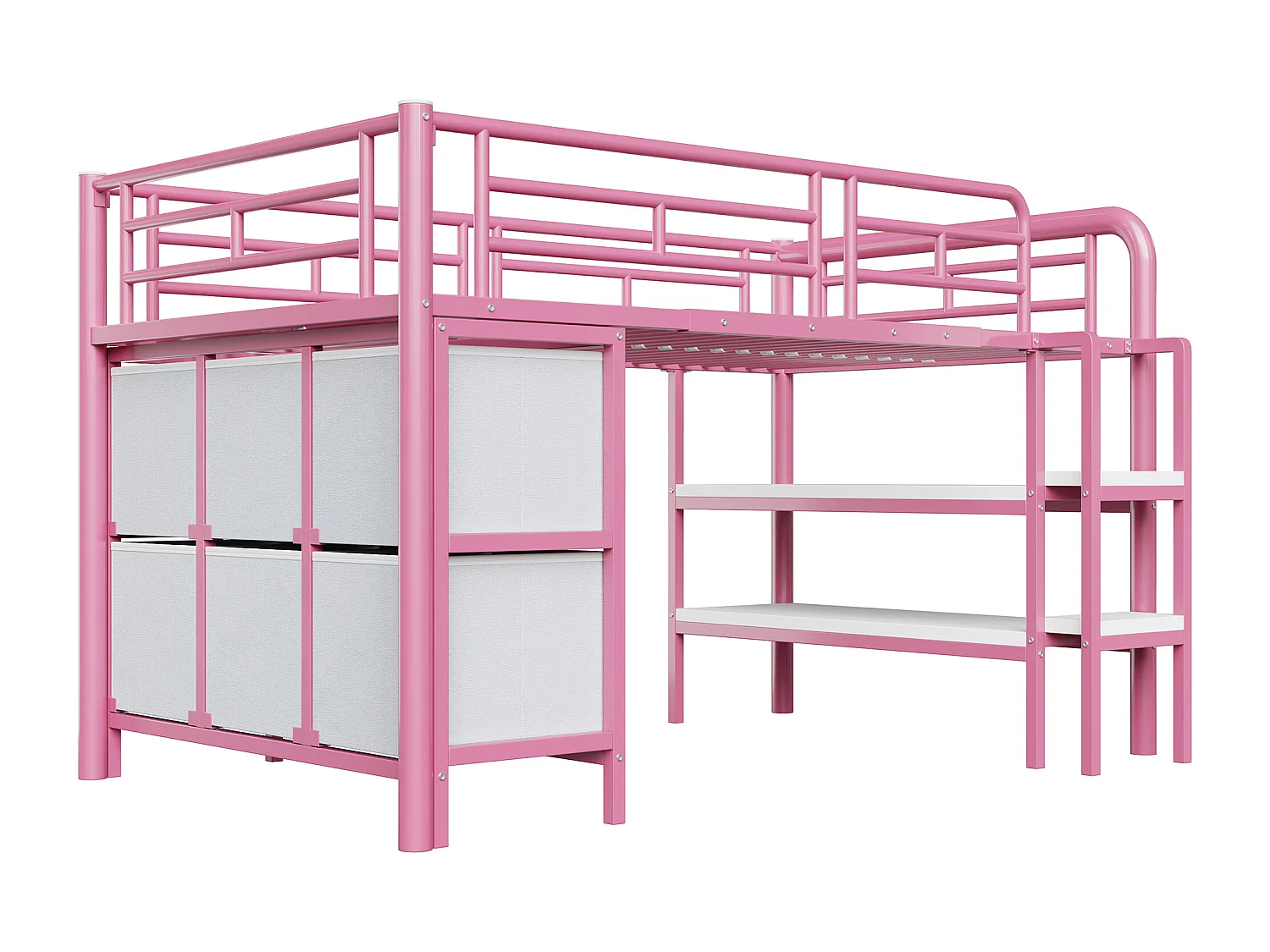 Lit enfant 90x200cm - avec escalier - avec étagères - avec compartiments de rangement - rose (matelas non inclus)