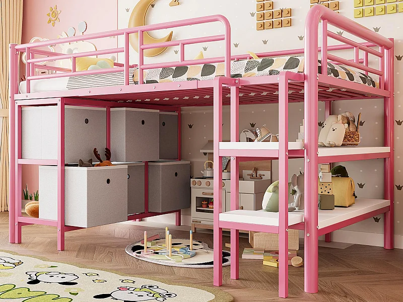 Lit enfant 90x200cm - avec escalier - avec étagères - avec compartiments de rangement - rose (matelas non inclus)