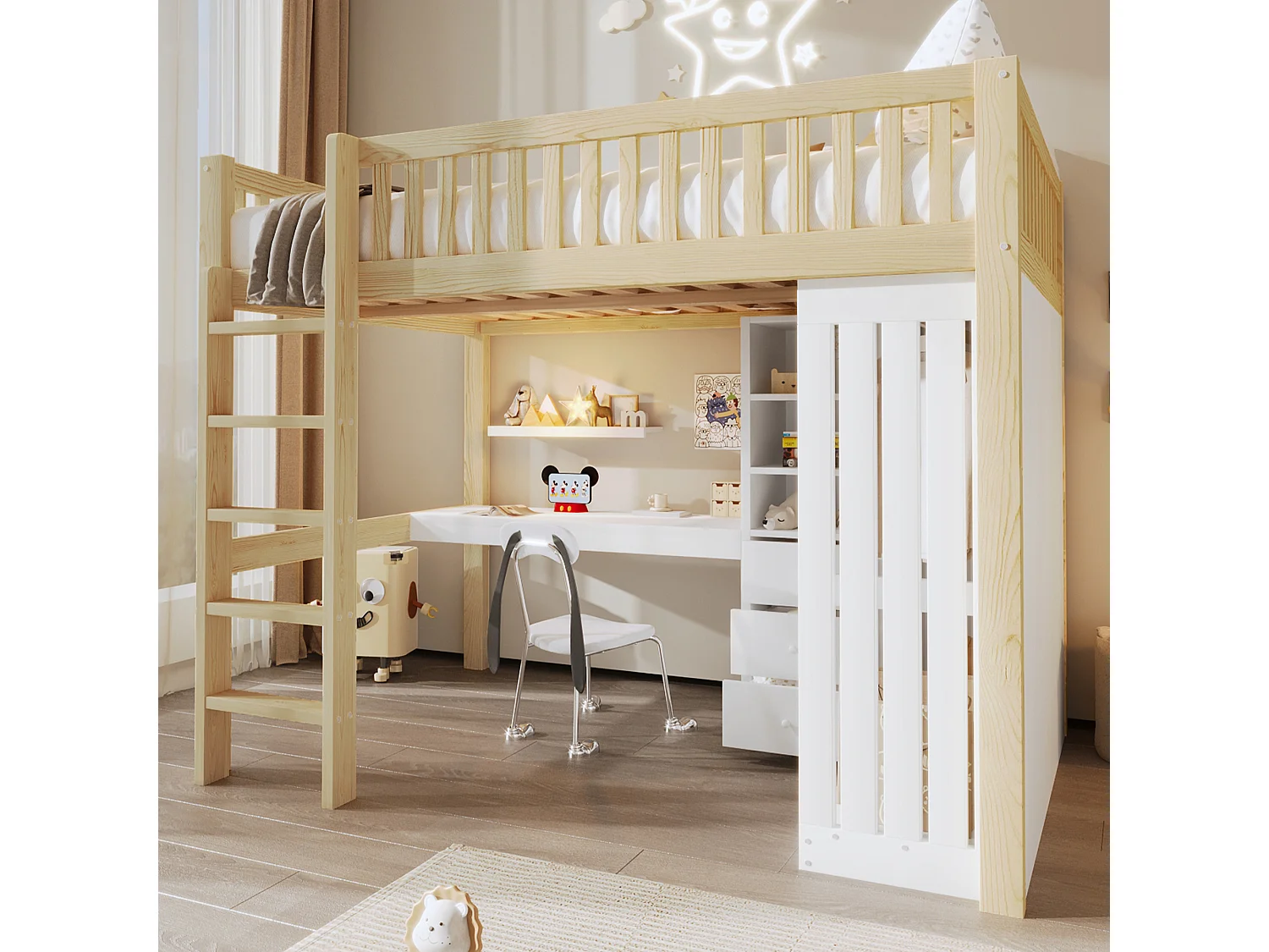 Lit mezzanine pour enfant - 140 x 200 cm - avec bureau + armoire + 3 tiroirs + rangements ouverts - bois - naturel