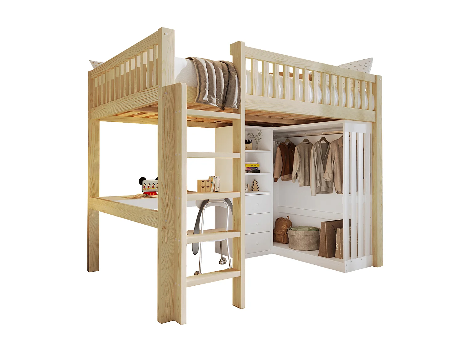 Lit mezzanine pour enfant - 140 x 200 cm - avec bureau + armoire + 3 tiroirs + rangements ouverts - bois - naturel