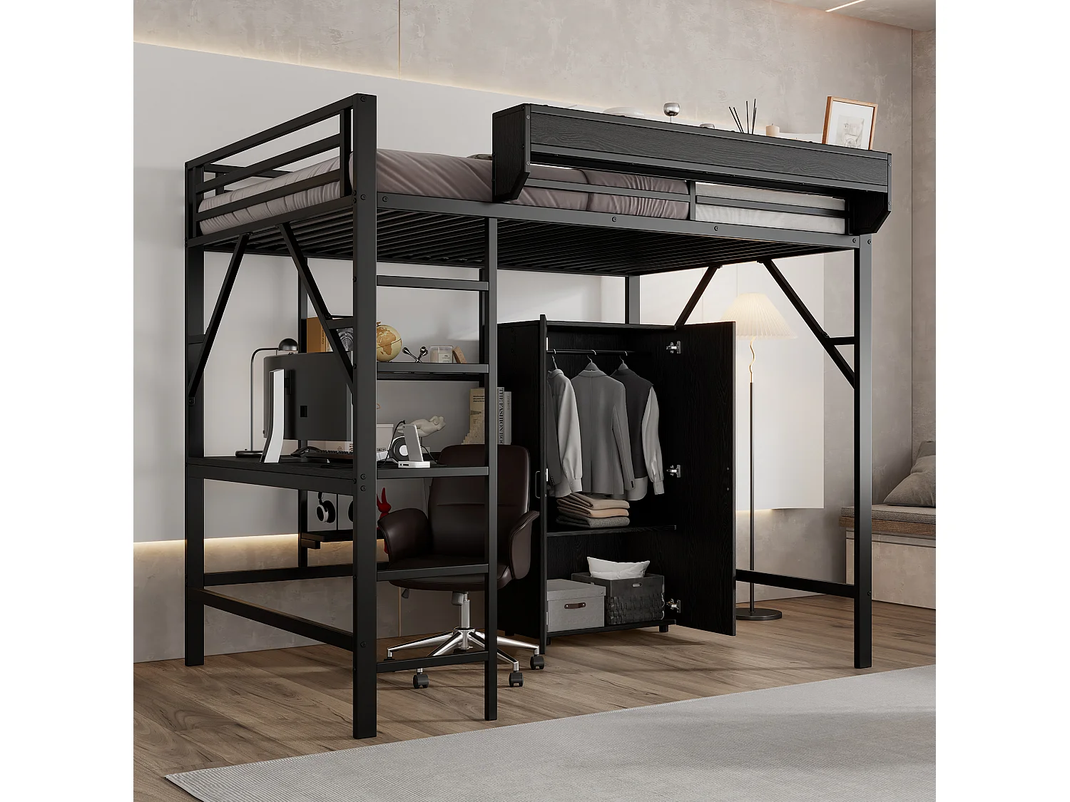 Lit mezzanine 140x200 cm - avec bureau et étagère de rangement - avec garde-robe - Métal + MDF - Noir (sans matelas)