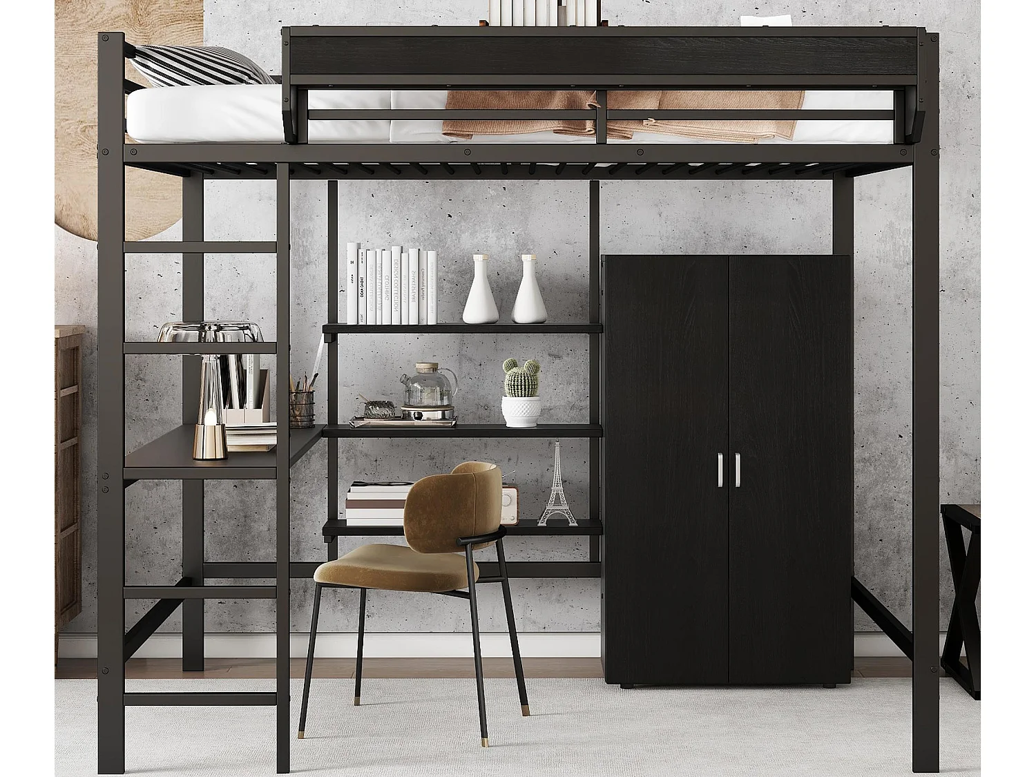 Lit mezzanine 140x200 cm - avec bureau et étagère de rangement - avec garde-robe - Métal + MDF - Noir (sans matelas)