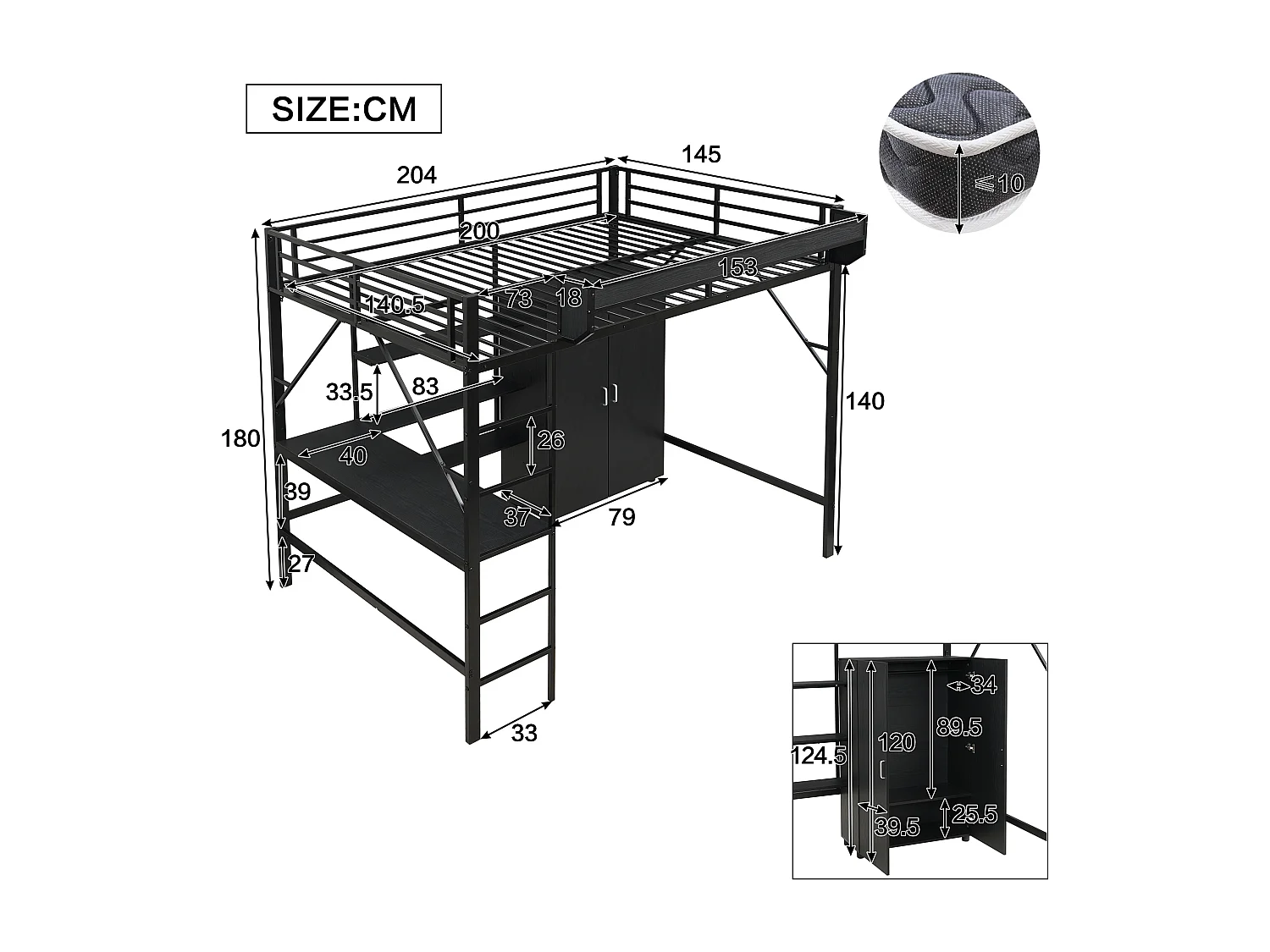 Lit mezzanine 140x200 cm - avec bureau et étagère de rangement - avec garde-robe - Métal + MDF - Noir (sans matelas)