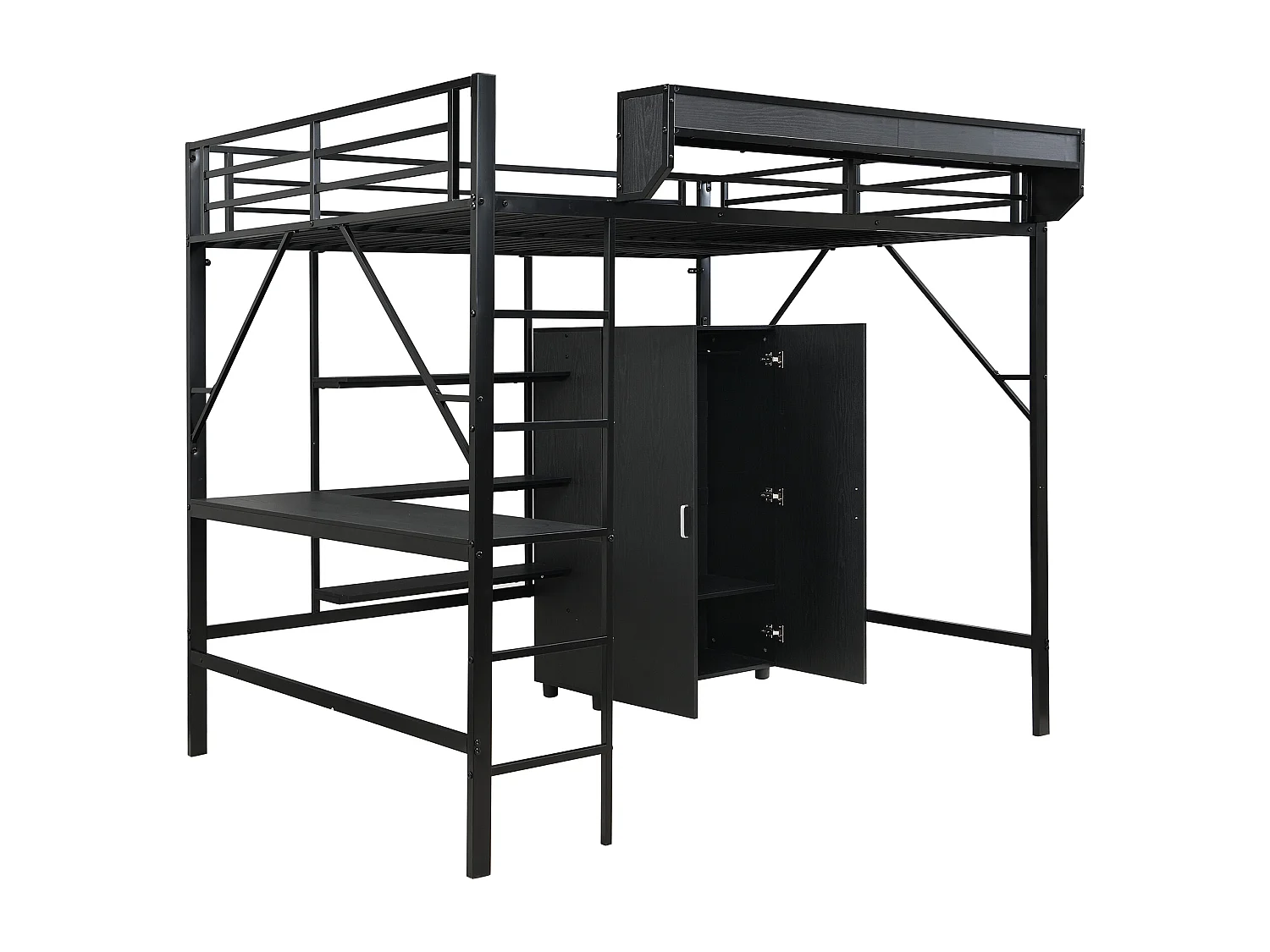 Lit mezzanine 140x200 cm - avec bureau et étagère de rangement - avec garde-robe - Métal + MDF - Noir (sans matelas)