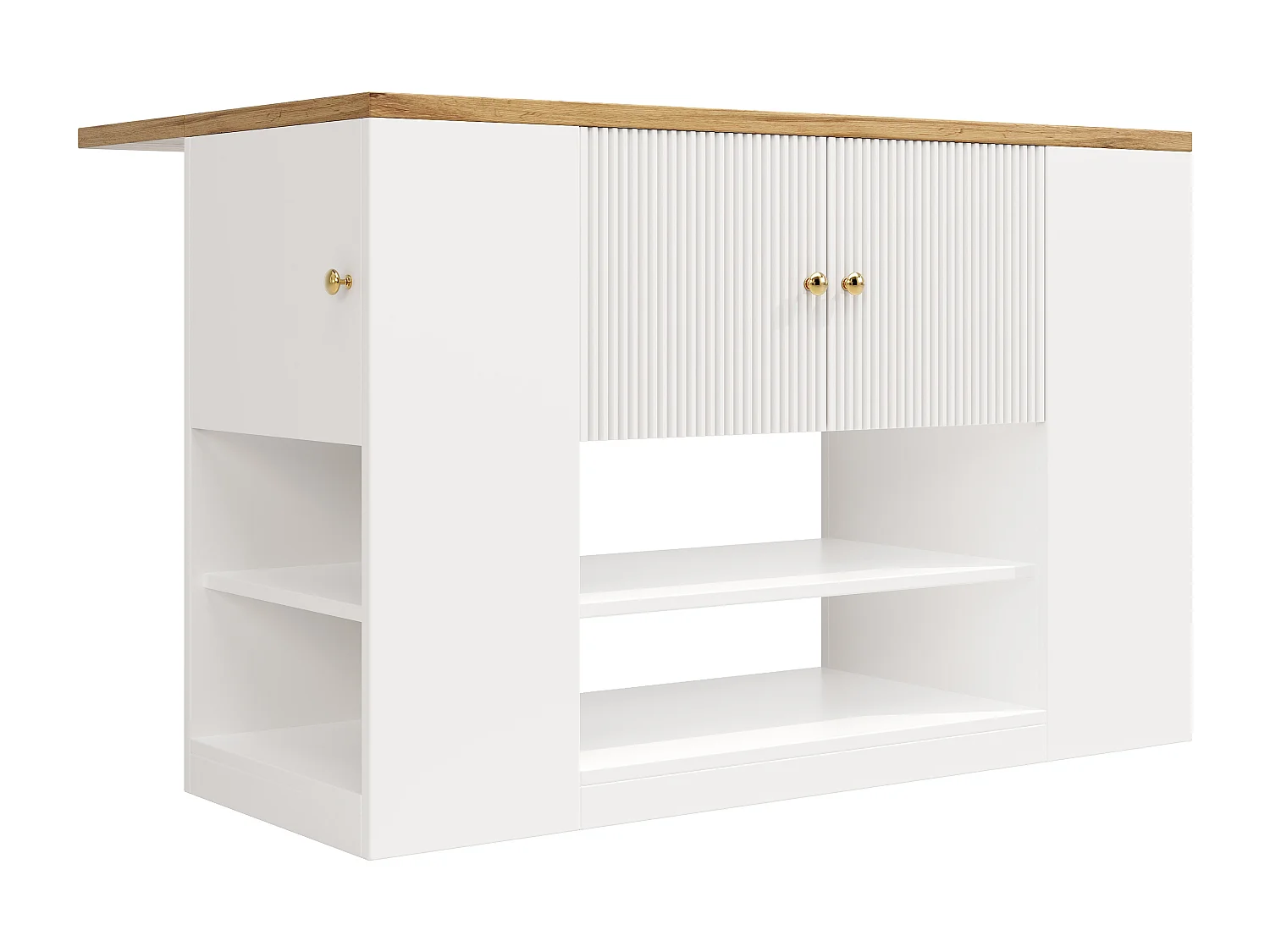 Îlot central de cuisine avec 2 tiroirs et 3 portes - Plateau woodgrain - Blanc et bois