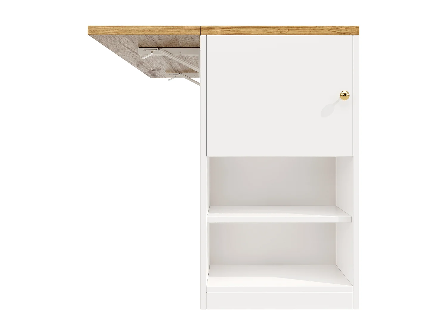 Îlot central de cuisine avec 2 tiroirs et 3 portes - Plateau woodgrain - Blanc et bois