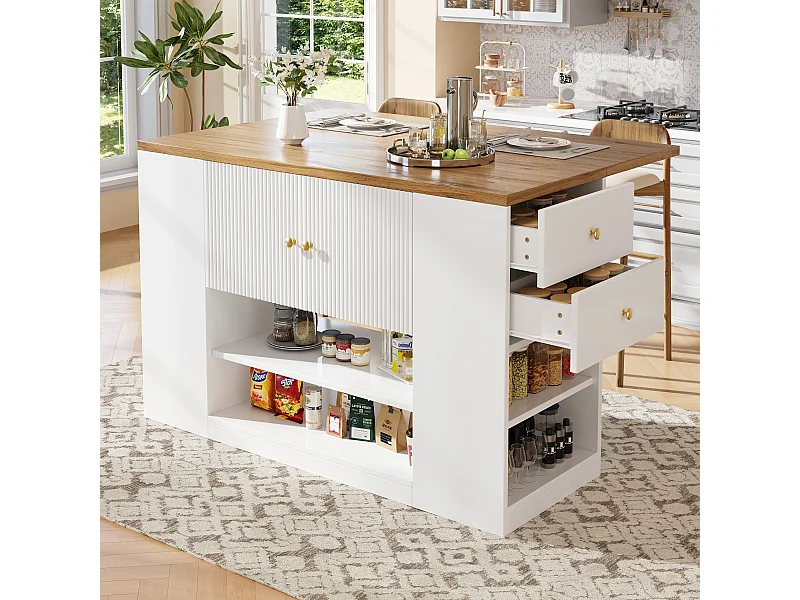 Îlot central de cuisine avec 2 tiroirs et 3 portes - Plateau woodgrain - Blanc et bois