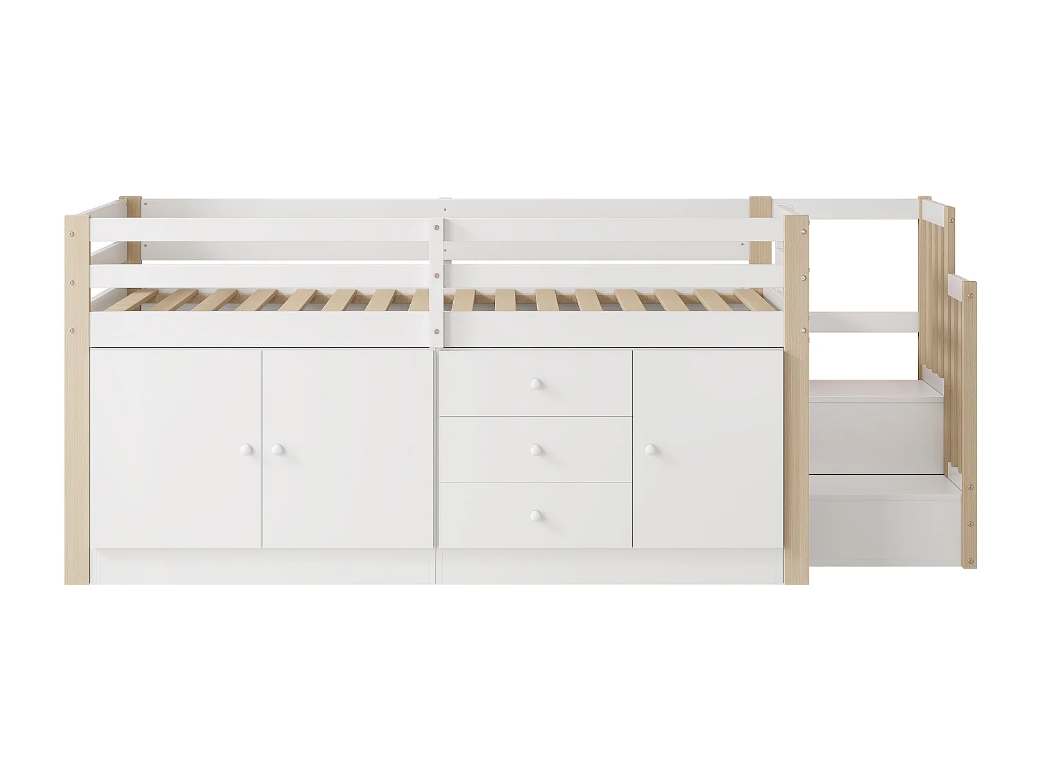 Kinderbed van gemiddelde hoogte 90x200 cm met 2 kastjes en 3 lades - Wit