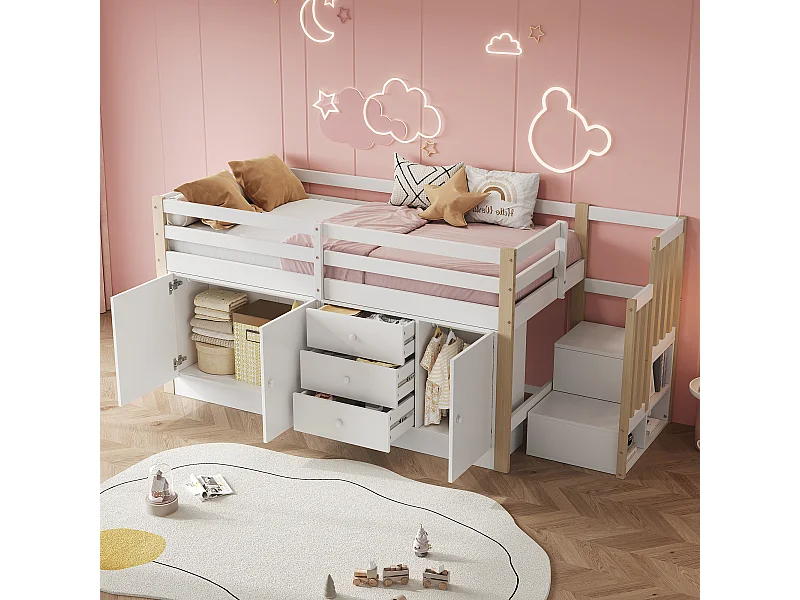 Kinderbed van gemiddelde hoogte 90x200 cm met 2 kastjes en 3 lades - Wit