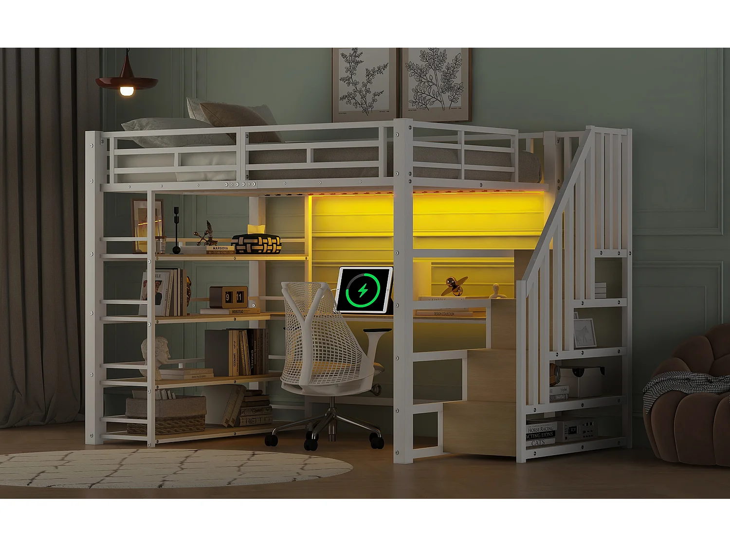 Lit mezzanine en métal - 140 x 200 cm - avec escalier de rangement + bureau + étagère + USB + Leds - MDF + métal - blanc