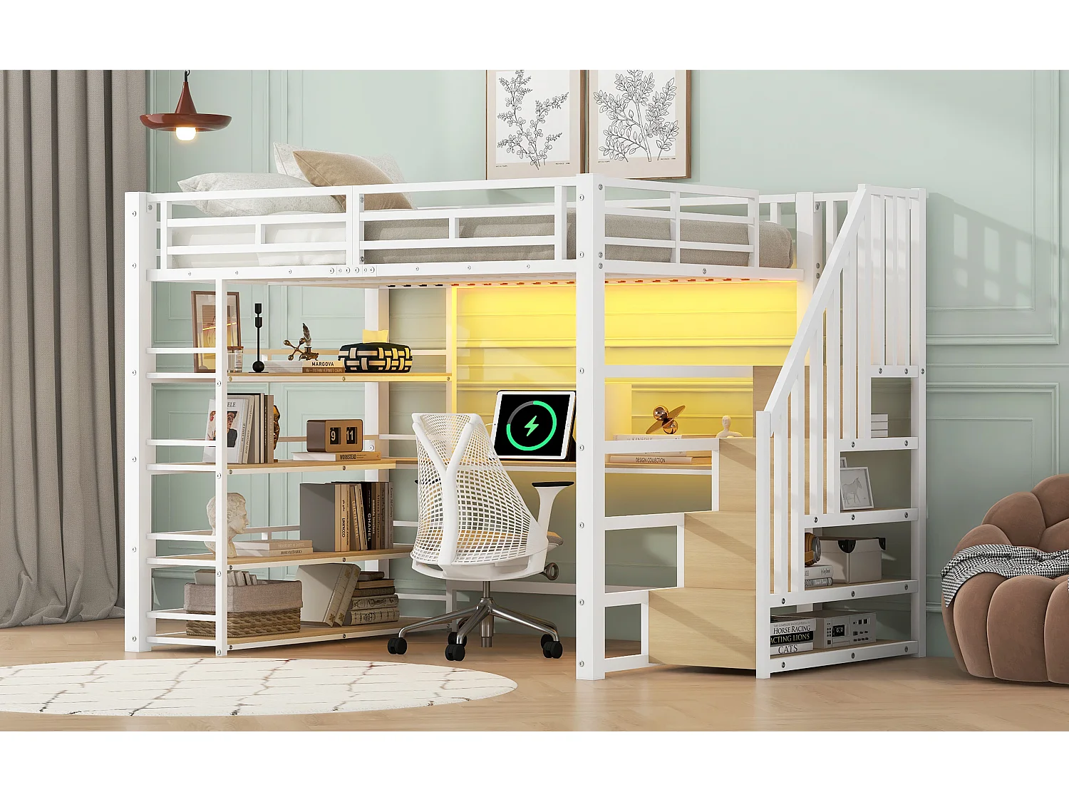 Lit mezzanine en métal - 140 x 200 cm - avec escalier de rangement + bureau + étagère + USB + Leds - MDF + métal - blanc