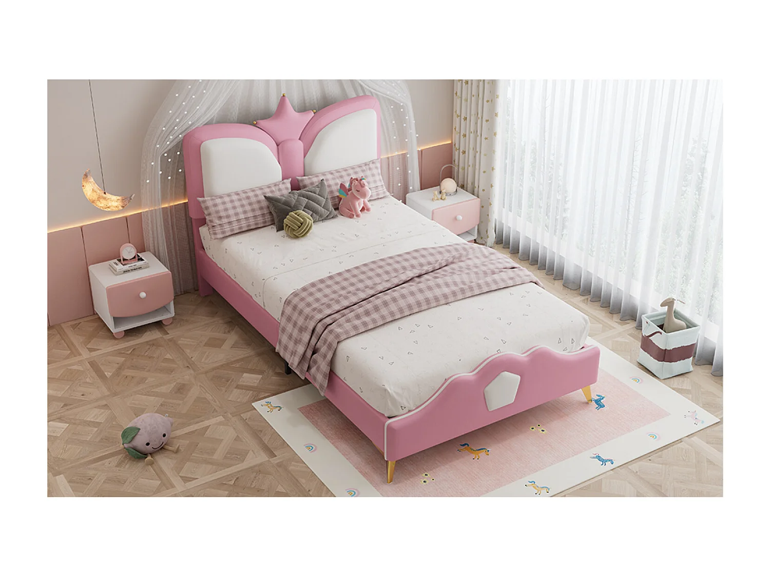 Lit princesse 90x200cm avec tête de lit en forme de couronne - Lit enfant en similicuir PU - Rose et blanc