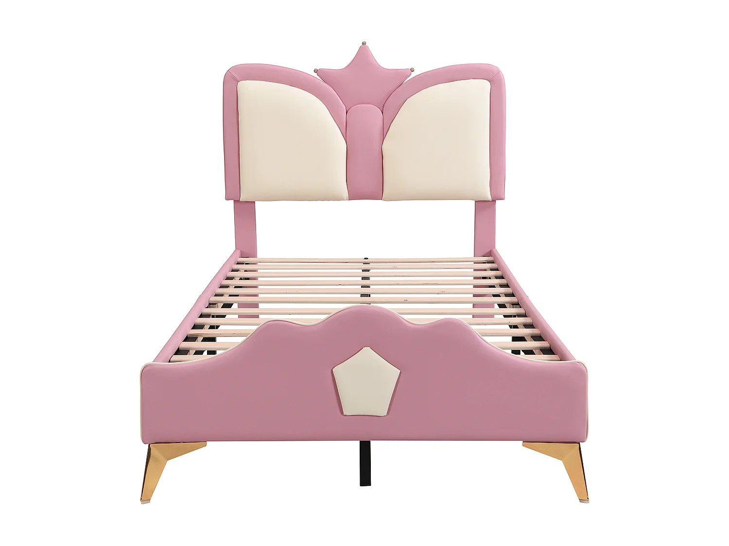 Lit princesse 90x200cm avec tête de lit en forme de couronne - Lit enfant en similicuir PU - Rose et blanc