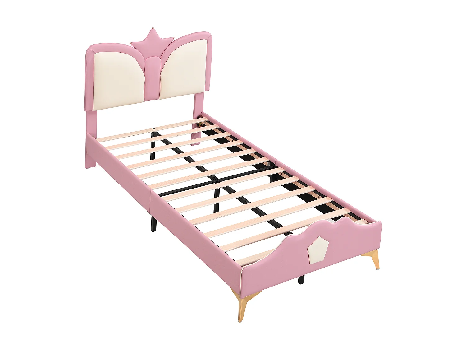Lit princesse 90x200cm avec tête de lit en forme de couronne - Lit enfant en similicuir PU - Rose et blanc