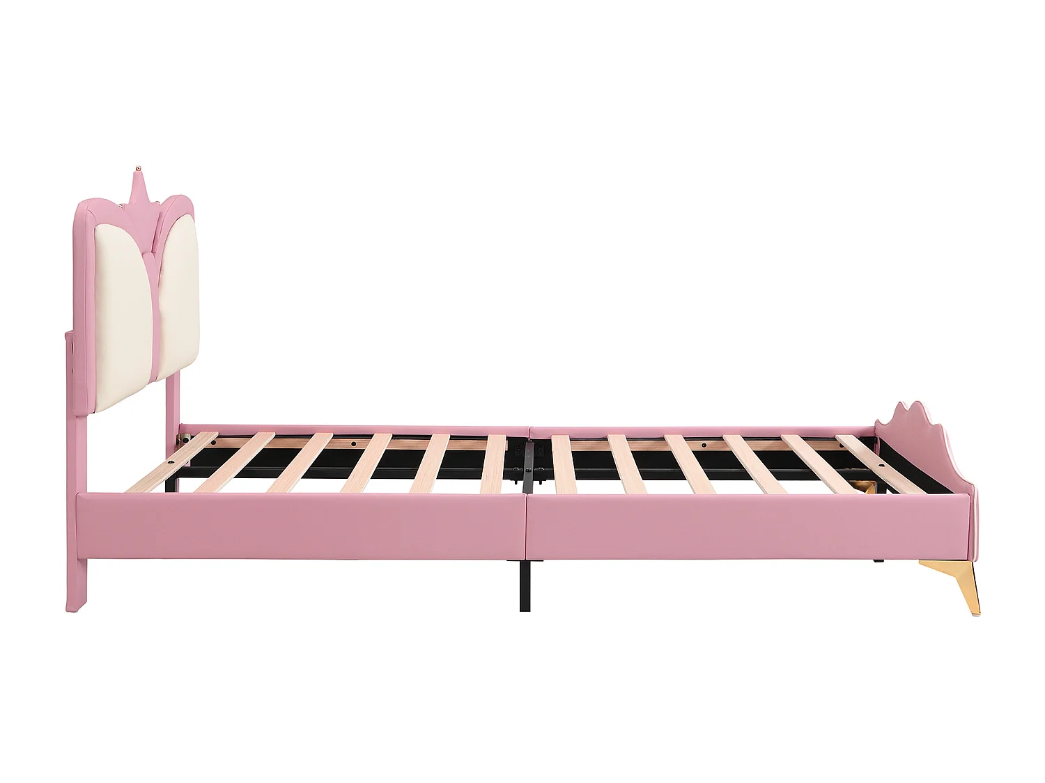 Lit princesse 90x200cm avec tête de lit en forme de couronne - Lit enfant en similicuir PU - Rose et blanc