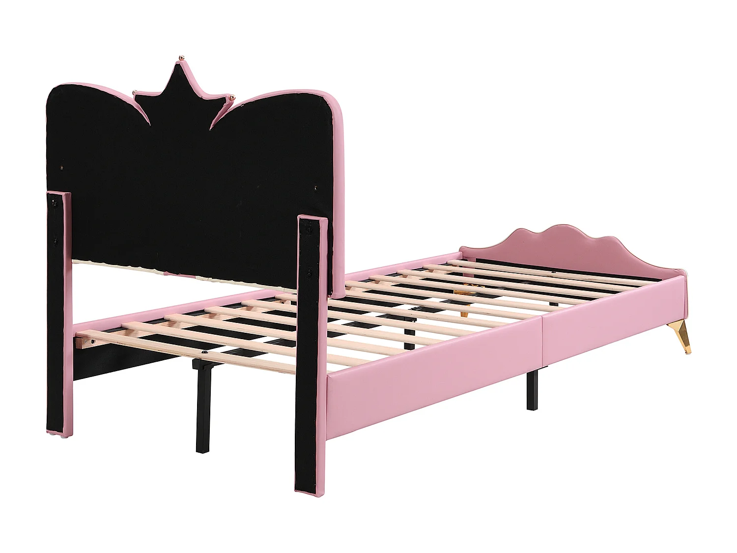 Lit princesse 90x200cm avec tête de lit en forme de couronne - Lit enfant en similicuir PU - Rose et blanc