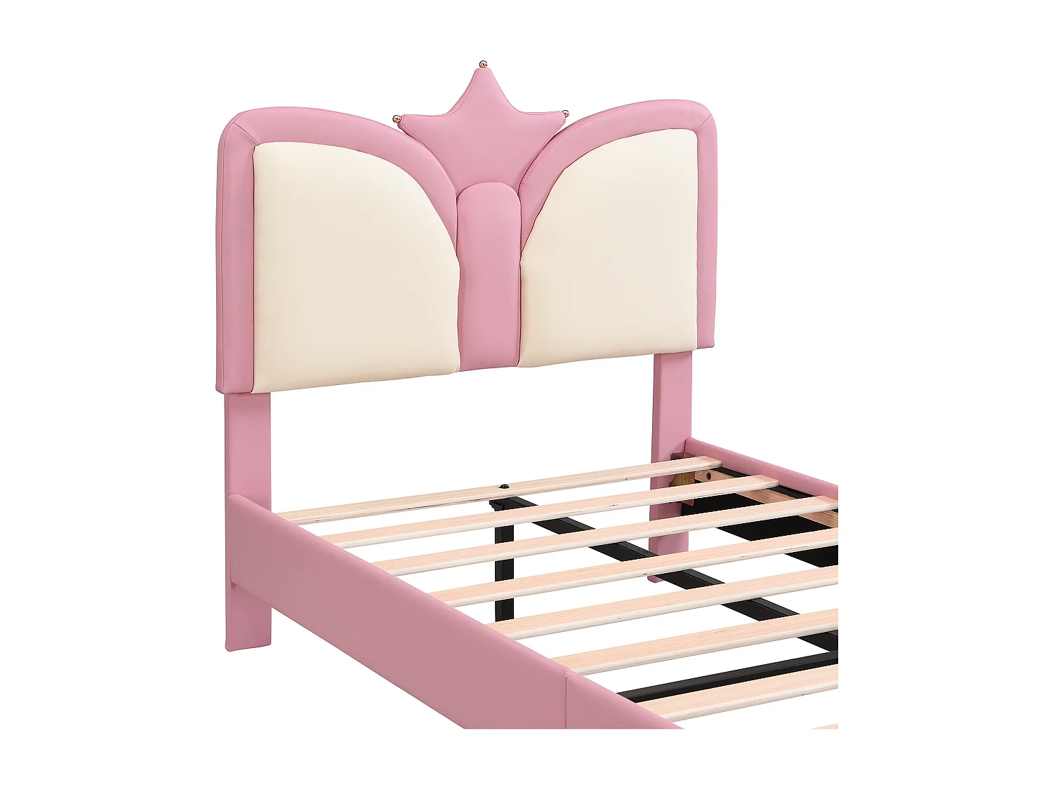 Lit princesse 90x200cm avec tête de lit en forme de couronne - Lit enfant en similicuir PU - Rose et blanc