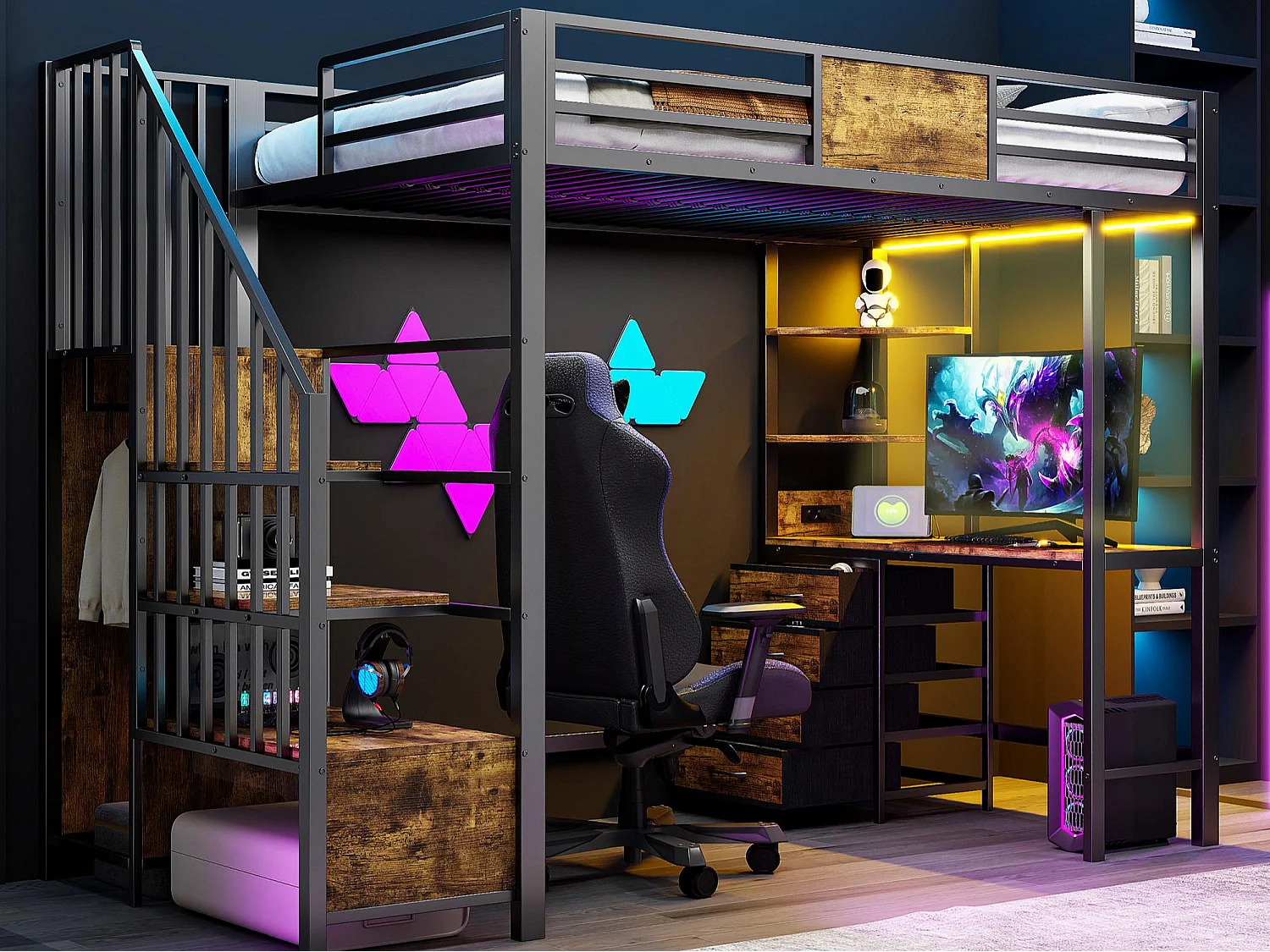 Metall-Hochbett 90x200 cm - mit Schreibtisch - Staufächer - Garderobenstange - LED-Beleuchtung + Steckdose - schwarz