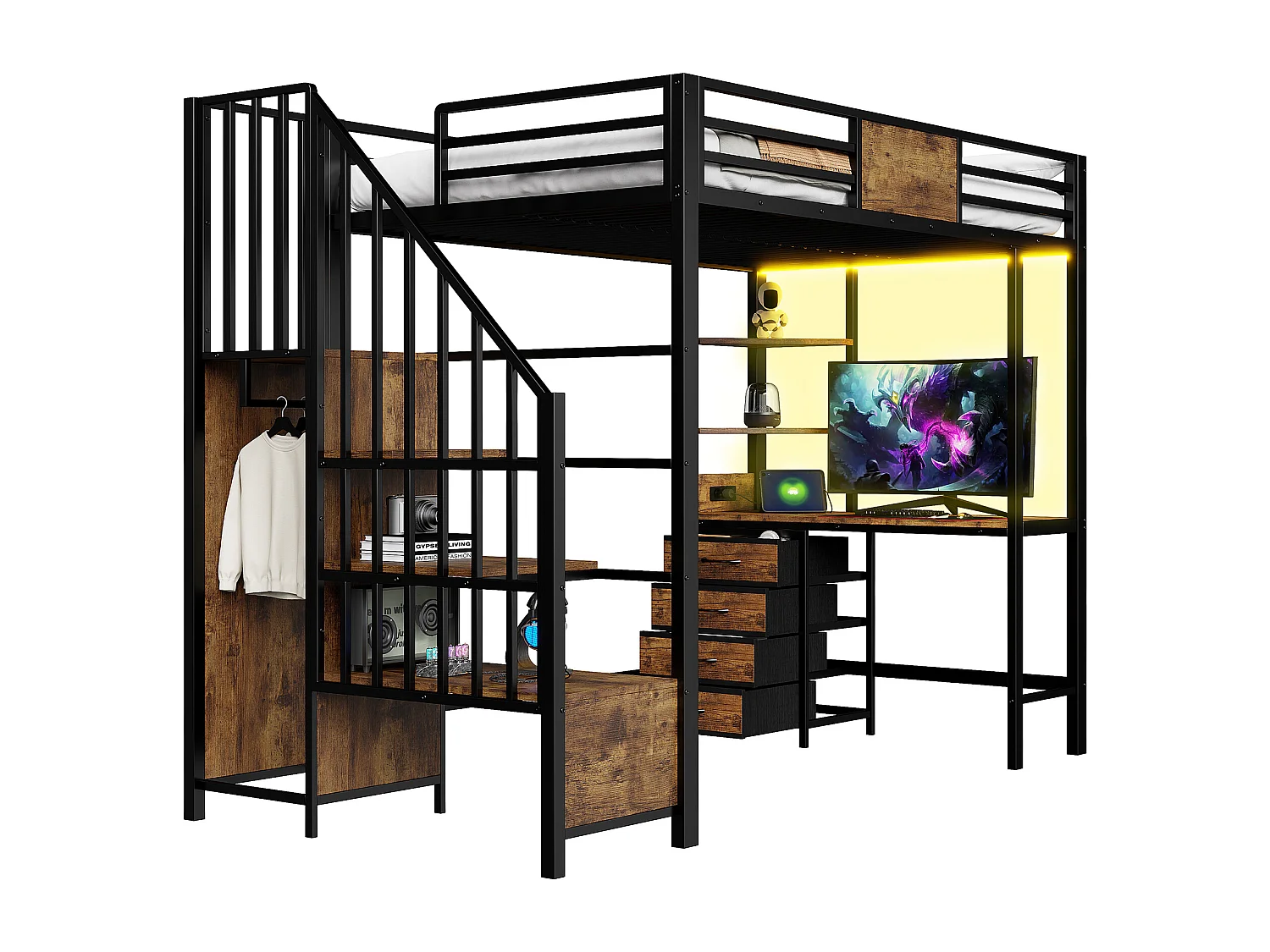 Metall-Hochbett 90x200 cm - mit Schreibtisch - Staufächer - Garderobenstange - LED-Beleuchtung + Steckdose - schwarz