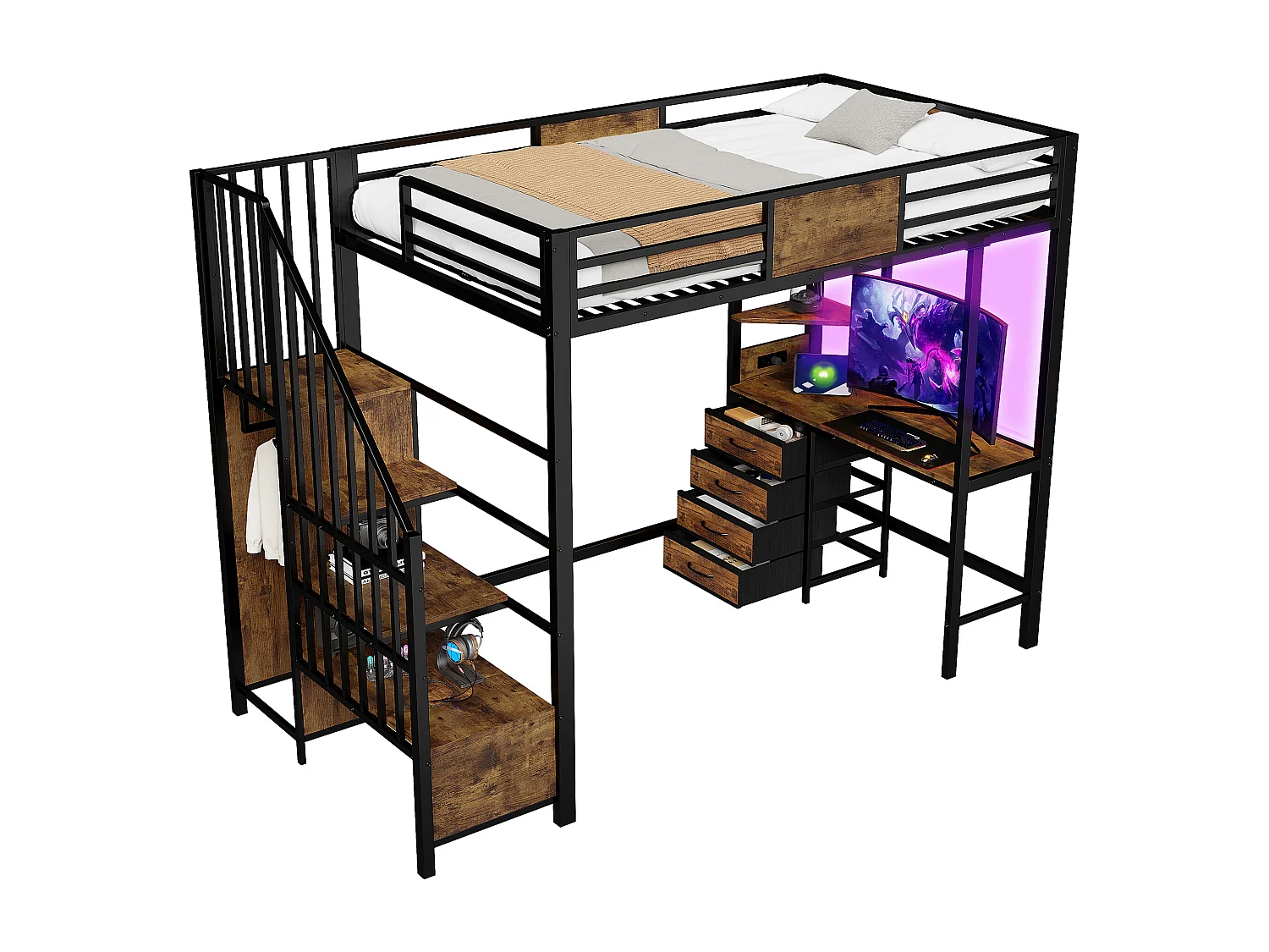 Metall-Hochbett 90x200 cm - mit Schreibtisch - Staufächer - Garderobenstange - LED-Beleuchtung + Steckdose - schwarz