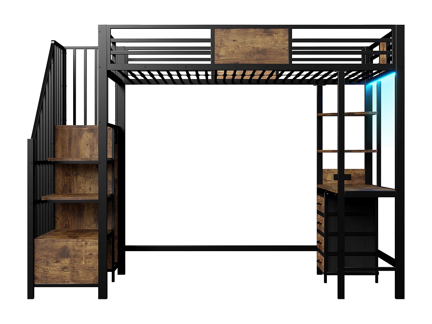 Metall-Hochbett 90x200 cm - mit Schreibtisch - Staufächer - Garderobenstange - LED-Beleuchtung + Steckdose - schwarz