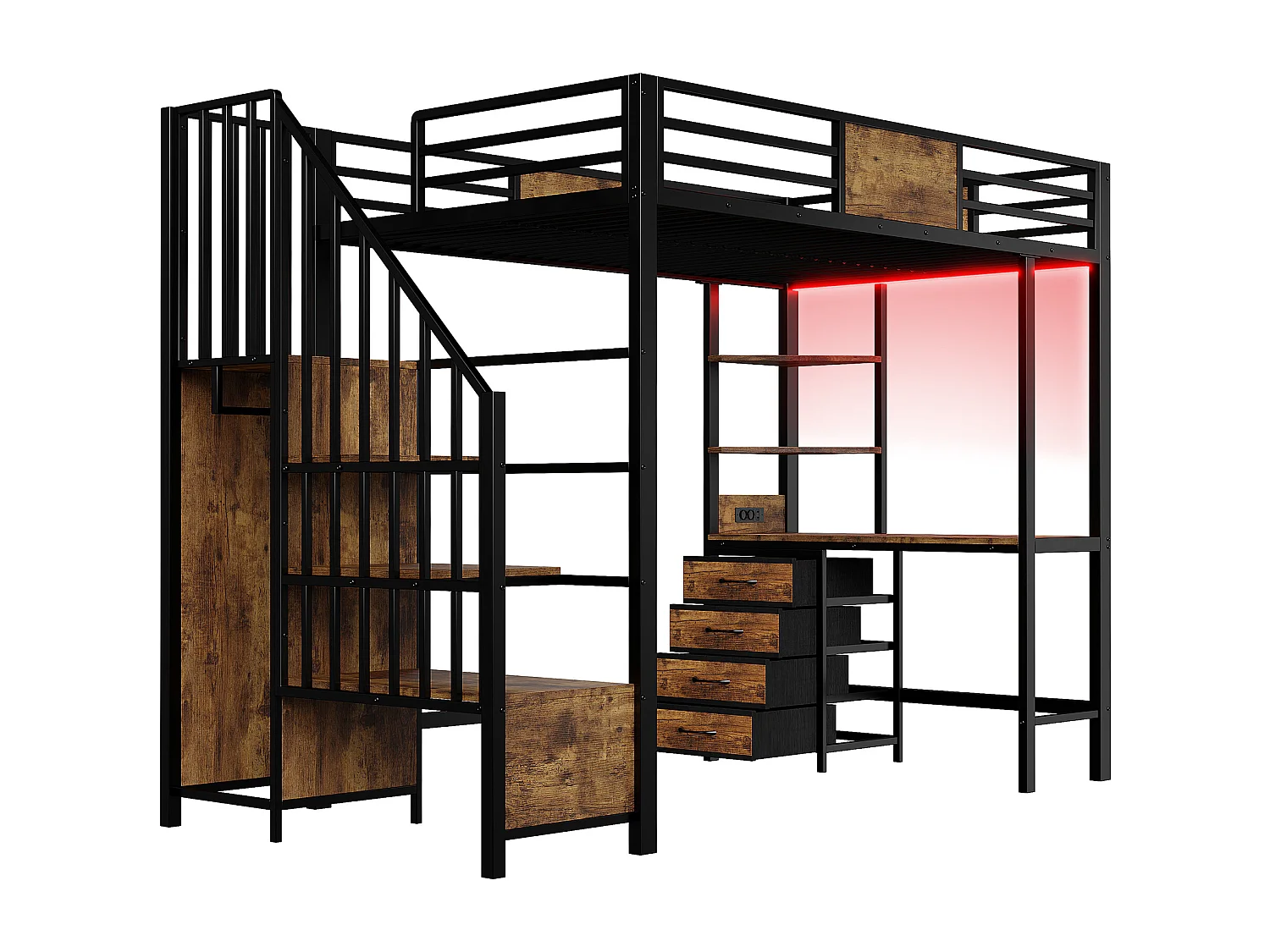 Metall-Hochbett 90x200 cm - mit Schreibtisch - Staufächer - Garderobenstange - LED-Beleuchtung + Steckdose - schwarz