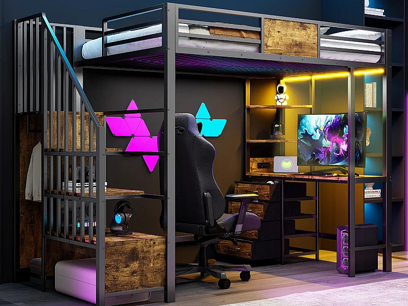 Metall-Hochbett 90x200 cm - mit Schreibtisch - Staufächer - Garderobenstange - LED-Beleuchtung + Steckdose - schwarz