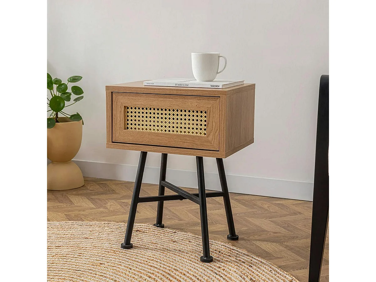 Petit bout de canapé cannage 1 tiroir décor bois JENA