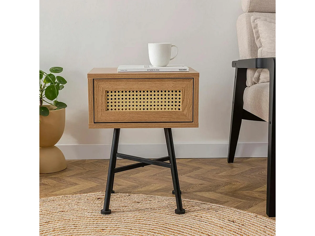 Petit bout de canapé cannage 1 tiroir décor bois JENA