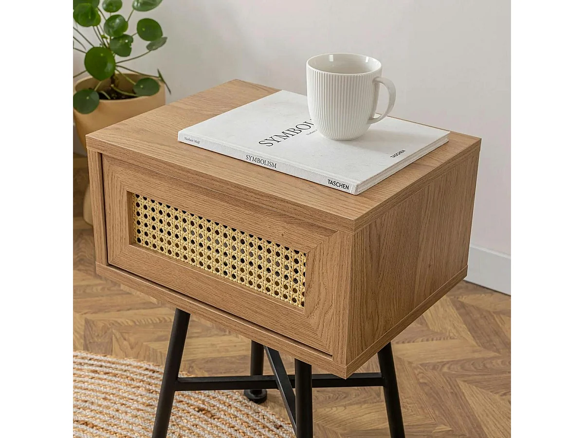 Petit bout de canapé cannage 1 tiroir décor bois JENA