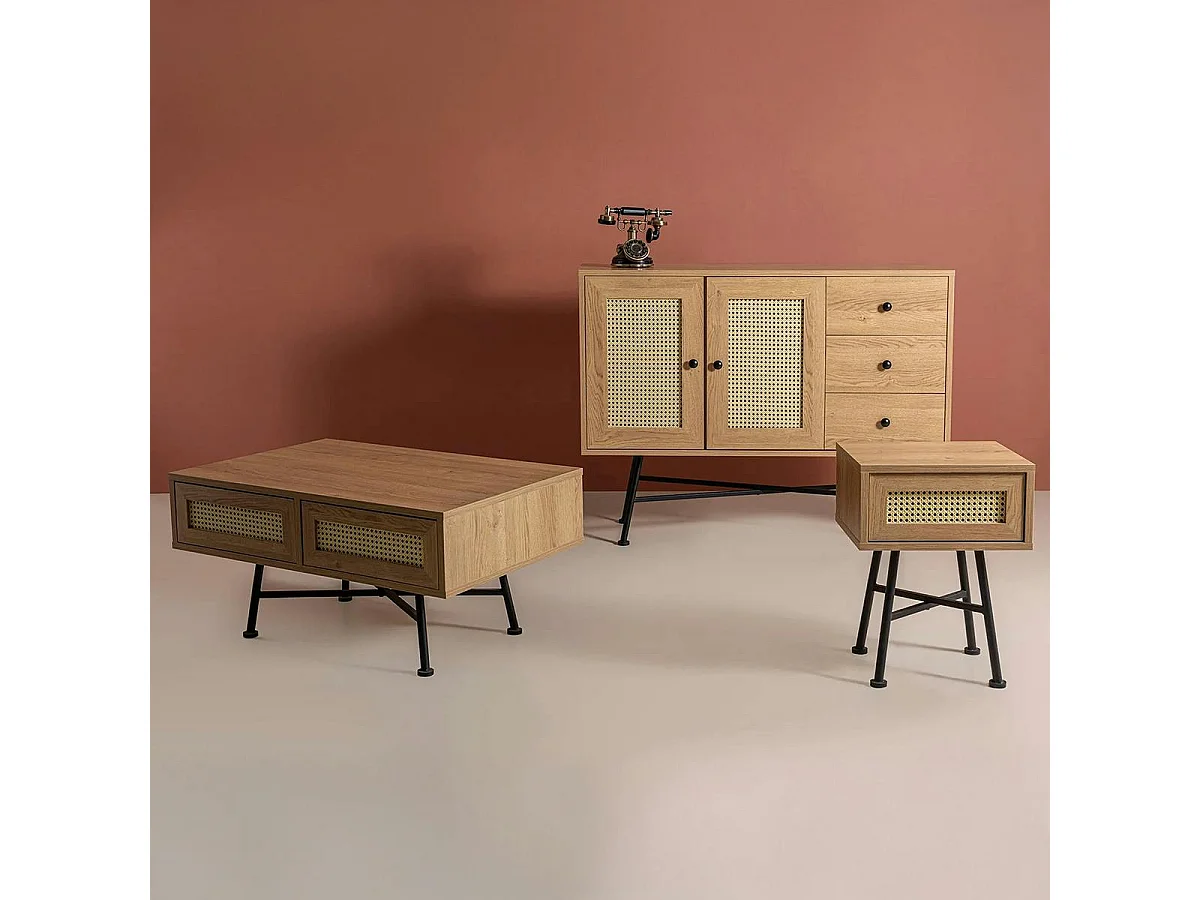 Petit bout de canapé cannage 1 tiroir décor bois JENA