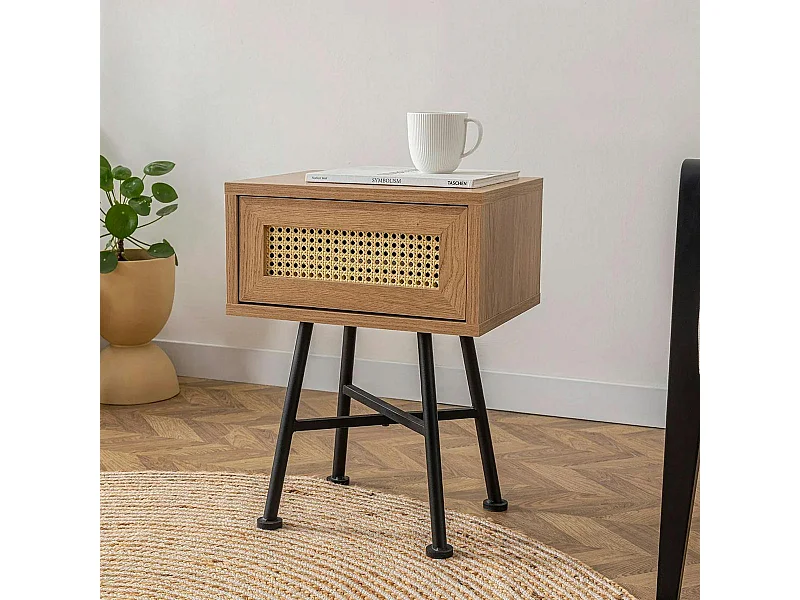 Petit bout de canapé cannage 1 tiroir décor bois JENA