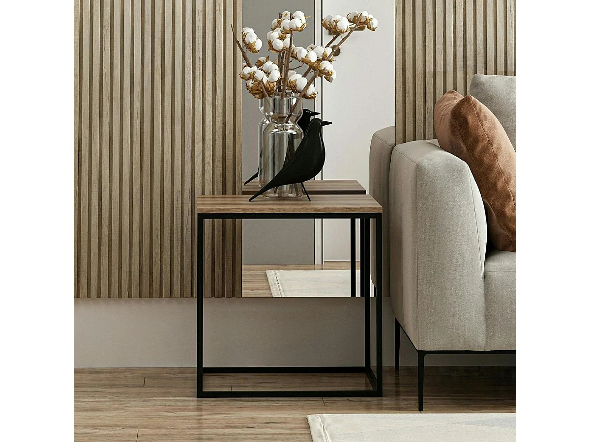 Table d'appoint carrée décor bois noyer structure métal JENA