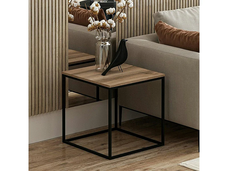 Table d'appoint carrée décor bois noyer structure métal JENA