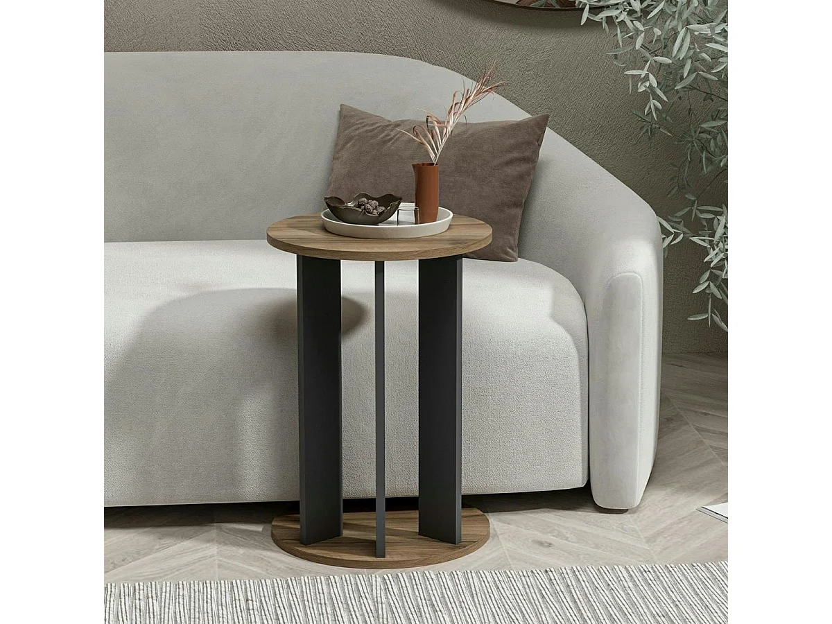 Bout de canapé rond décor bois foncé pied métal MARFA