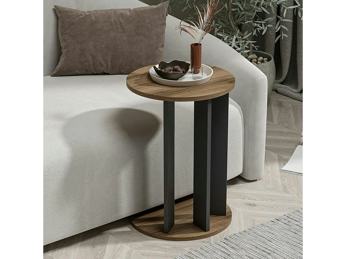 Bout de canapé rond décor bois foncé pied métal MARFA