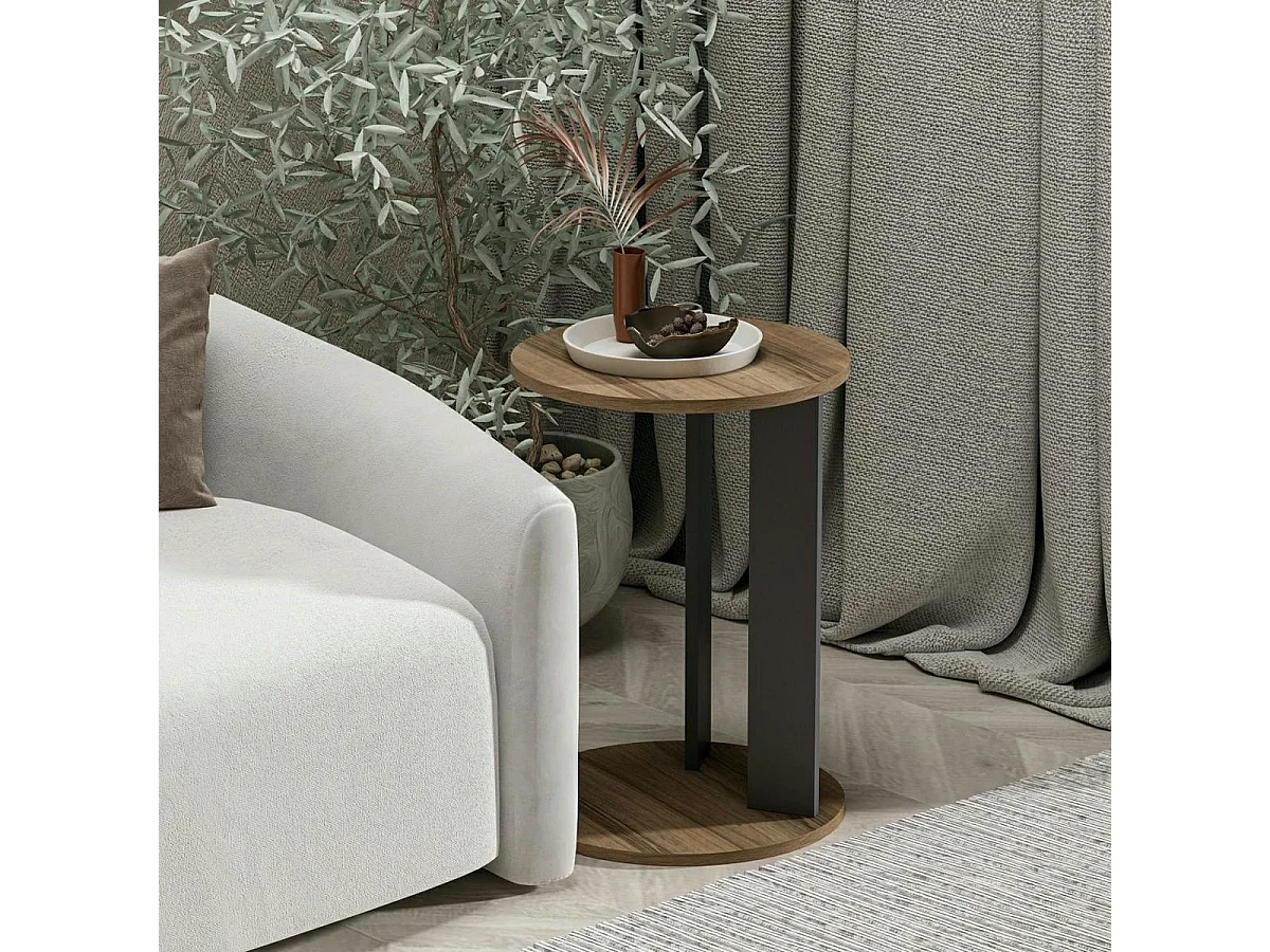 Bout de canapé rond décor bois foncé pied métal MARFA