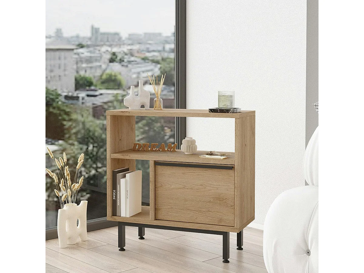 Bout de canapé moderne décor bois 2 niches 1 porte JENA