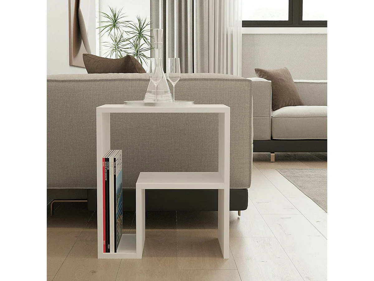 Table d'appoint design blanche, forme L avec rangement MARFA