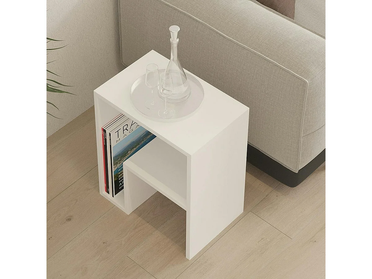 Table d'appoint design blanche, forme L avec rangement MARFA