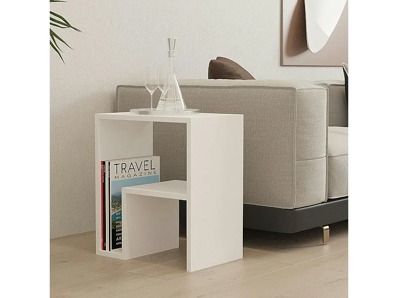 Table d'appoint design blanche, forme L avec rangement MARFA