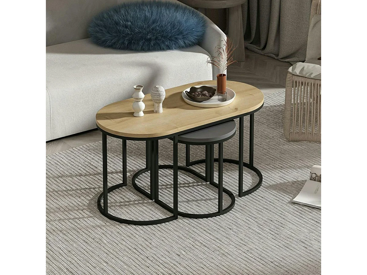 Table basse gigogne ovale décor bois et gris (lot de 3) JENA